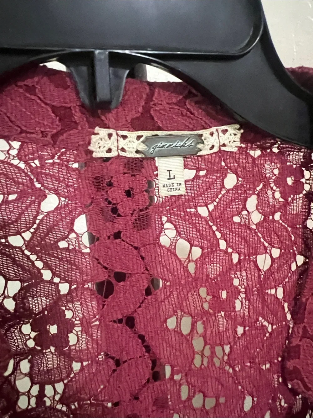gimmicks by BKE Burgundy Lace Open Cardigan